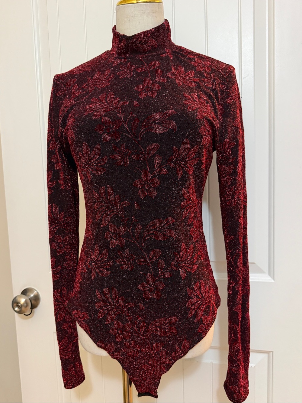 House of Harlow 1960 Shimmer Red Floral Mock Turtleneck Bodysuit Sz XL